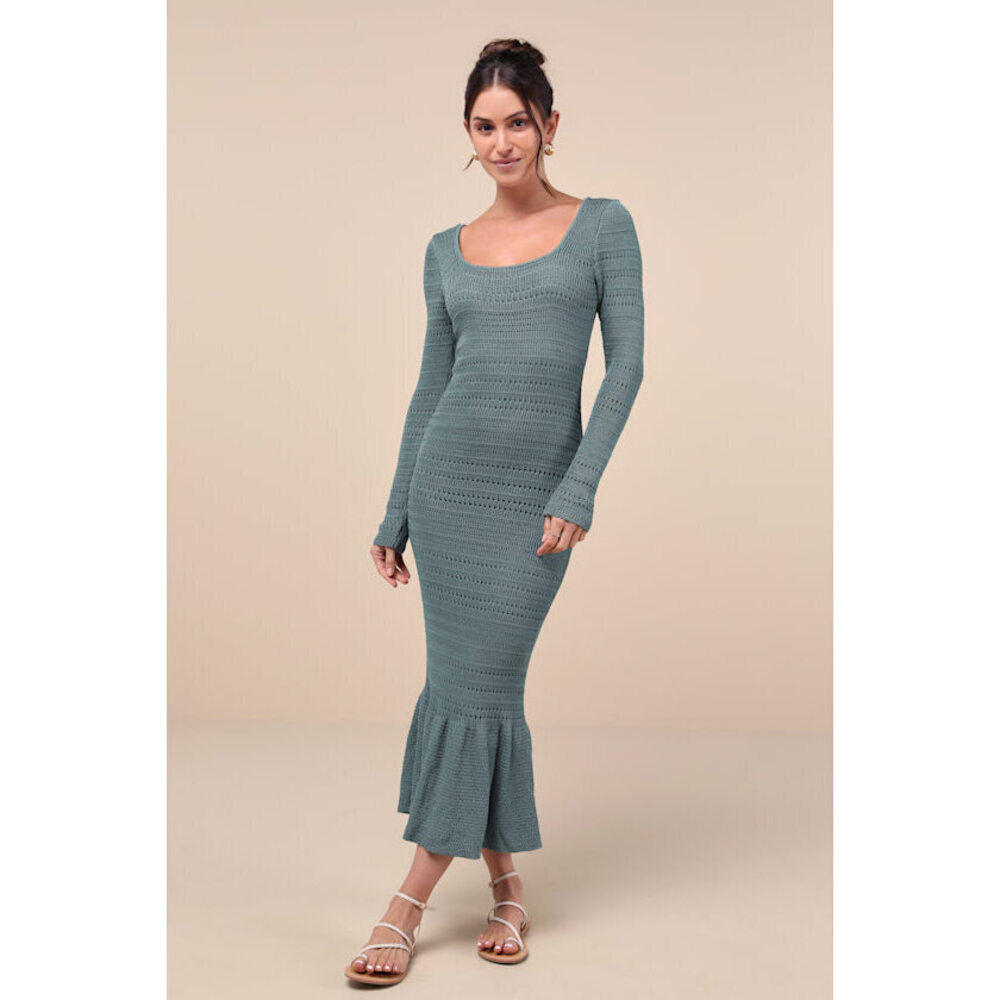 Lulus Sunset Moments Sage Crochet Long Sleeve Trumpet Midi Dress Green - Size M